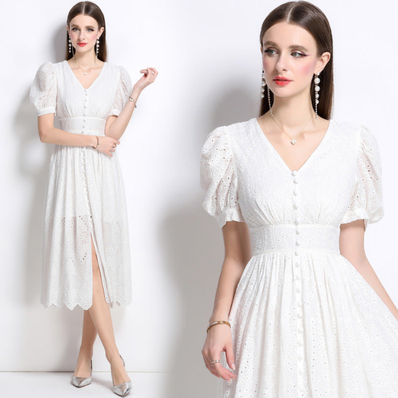 White dress female travel photo summer hollow high sense seaside vacation beach long skirt