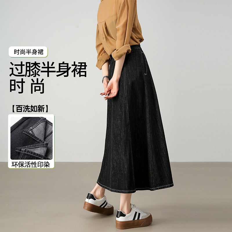 2025 Spring and summer new high-end dark denim skirt over the knee A-shaped version simple daily commuter umbrella skirt