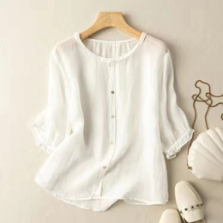 VLOVELAW Three-Quarter Sleeve Western Style Slimming Shirt Summer Mother's Breathable Cotton and Linen Top Wine Red Pullover Shirt Women's