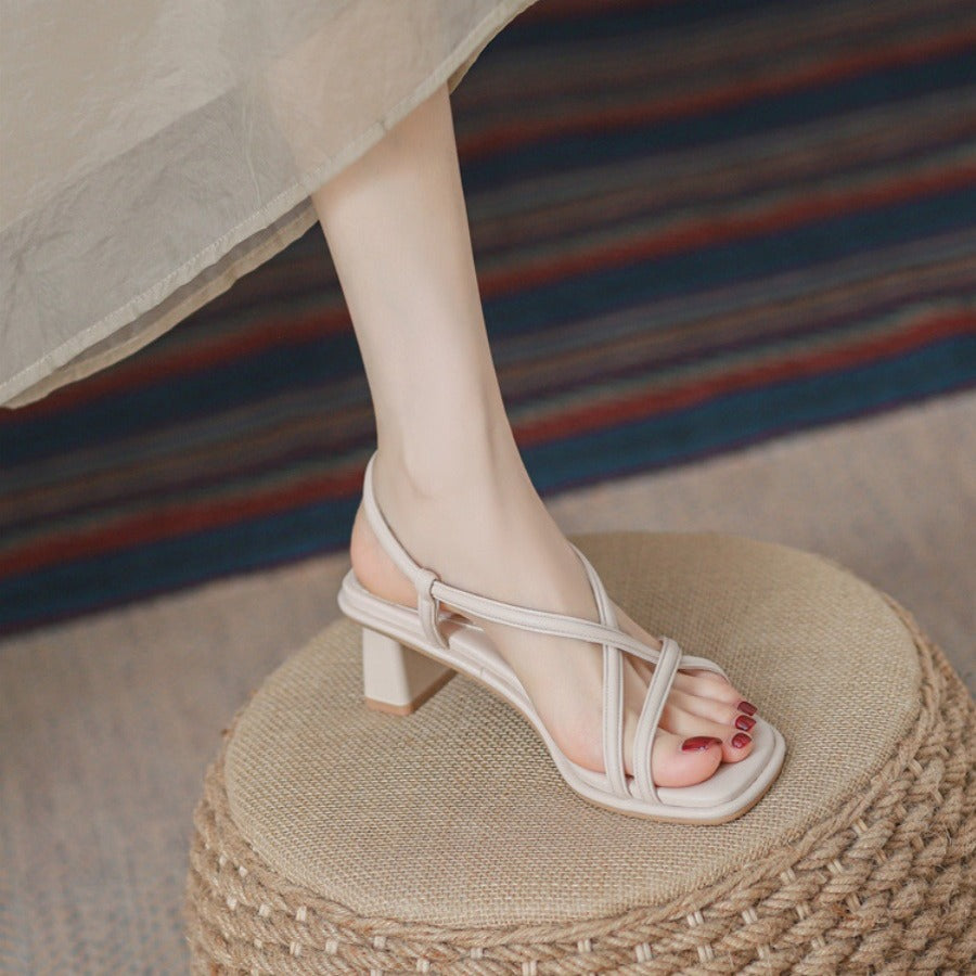 VLOVELAW Style High-Grade Open Toe Sandals for Women Summer New Elegant Chunky Heel Cross Strap Fashionable All-Match Roman Shoes
