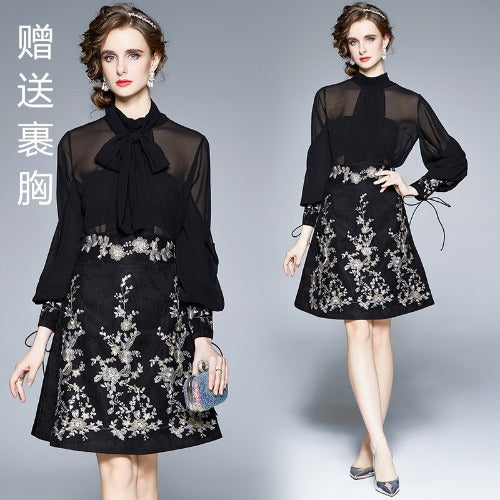 Muse Fan Heavy Industries Bow Stand-Up Collar Shirt Court Style Embroidery Sequins High Waist A-shaped Skirt Vintage Hong Kong Flavor Set