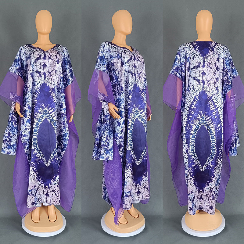 VLOVELAW Cross-Border European and American Women's Clothing African Middle East Ethnic Style Retro Long Gown Mesh Printed Tape Headscarf Dress 9004