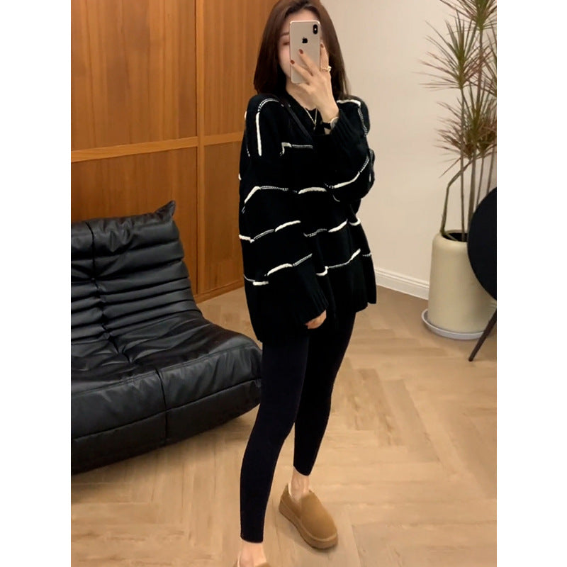 VLOVELAW Contrasting color striped crew neck sweater women's new popular autumn and winter casual loose lazy style medium and long knitted sweater