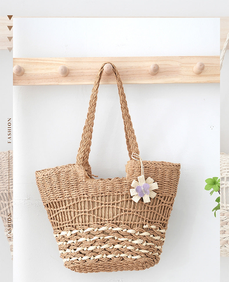 VLOVELAW Woven Straw Shoulder Bag Versatile Large Capacity Tote Bag with Lining Hollow HAILANG Corrugated Summer Beach Women's Bag