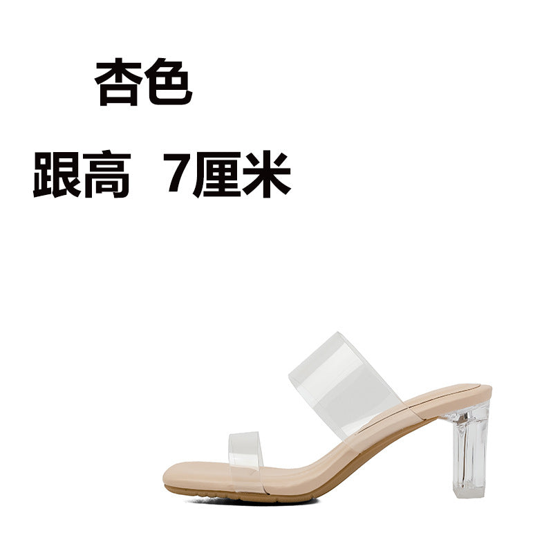 Sheepskin Droppings Transparent High Heel Women's Sandals New Summer Outdoor Slippers Mid Heel Chunky Heel Crystal Heel Shoes