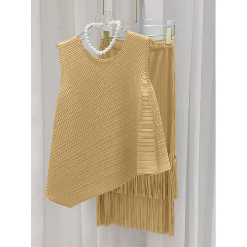 Miyake fashion pleated suit women's summer style Popular style sweet irregular vest top fringed skirt two-piece set