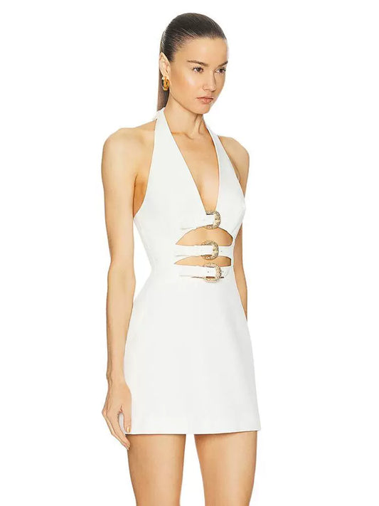 Sexy pure temperament V-neck halter hanging neck, hip wrapping and thin dress niche design unique and beautiful short skirt women