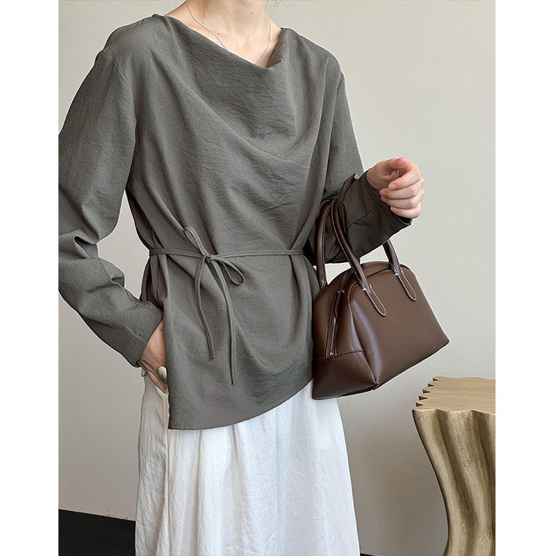 2025 Tachibana spring new lazy wind lace-up simple loose versatile pile collar temperament shirt women 59959