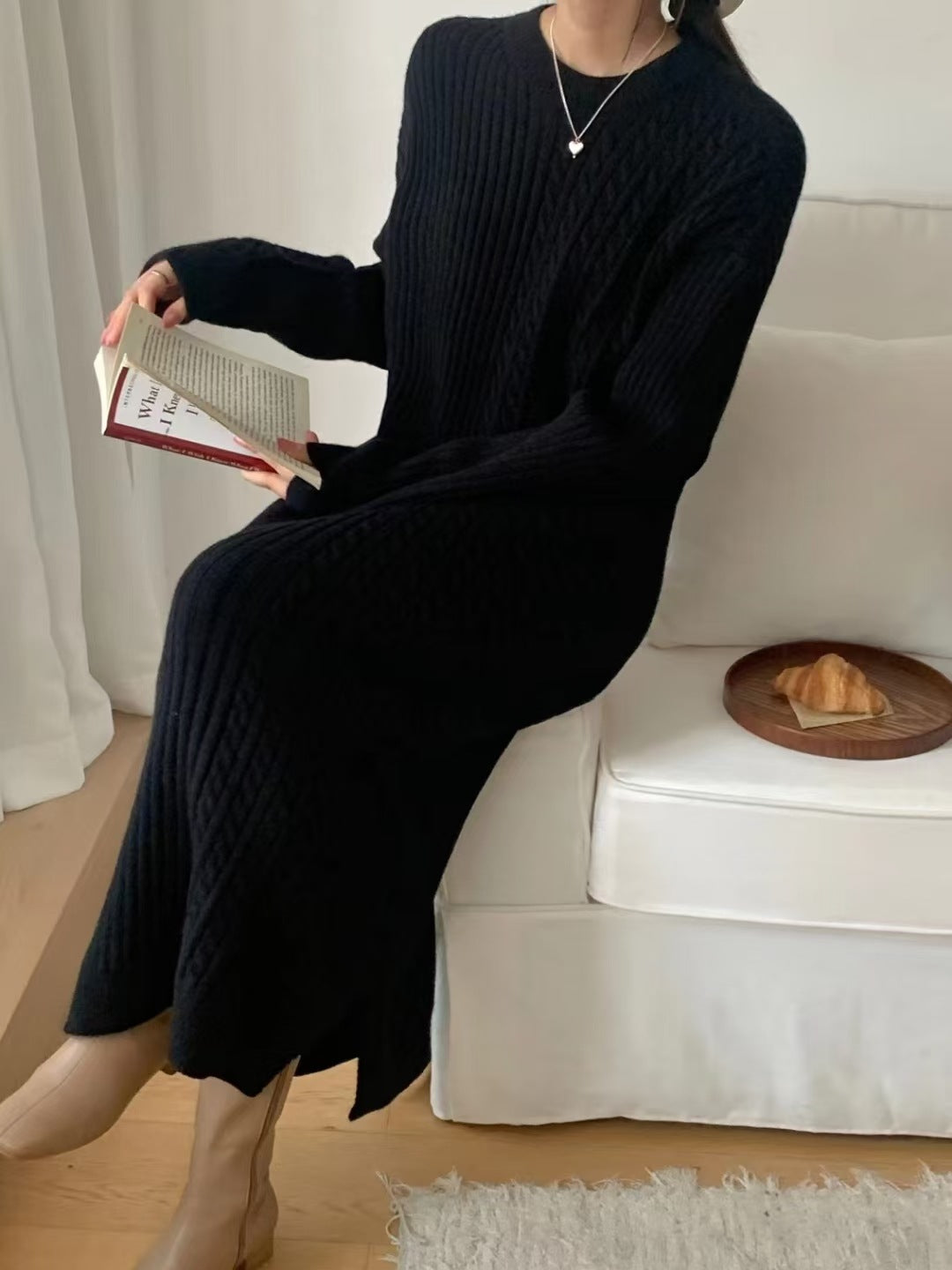 VLOVELAW retro crew neck twist knitted dress women's autumn and winter loose with coat sweater skirt with bottom long dress