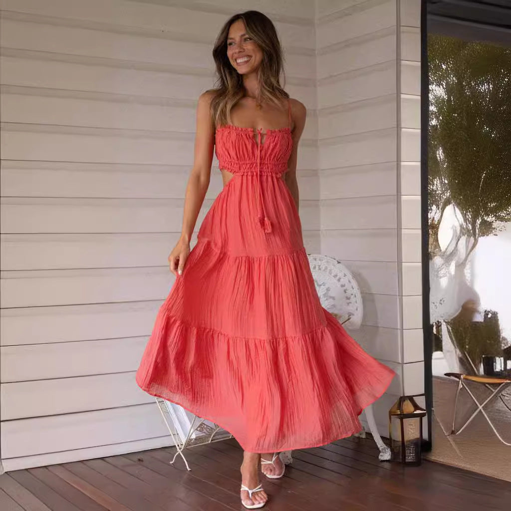 VLOVELAW Summer New Women's Cross-Border European and American Temperament Camisole Sexy Cutout Long Dress Backless Stitching Large Swing Dress