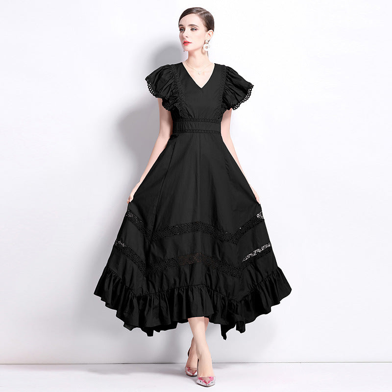 Crew neck lantern sleeve pleated waist princess style printing dress skirt mesh splicing dress spring new