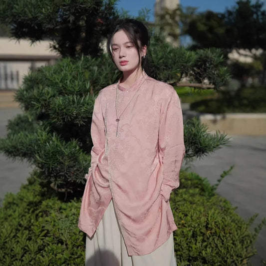 Shirt women's long-sleeved new Chinese long shirt light national style zen improved pink non-jacquard top C0242