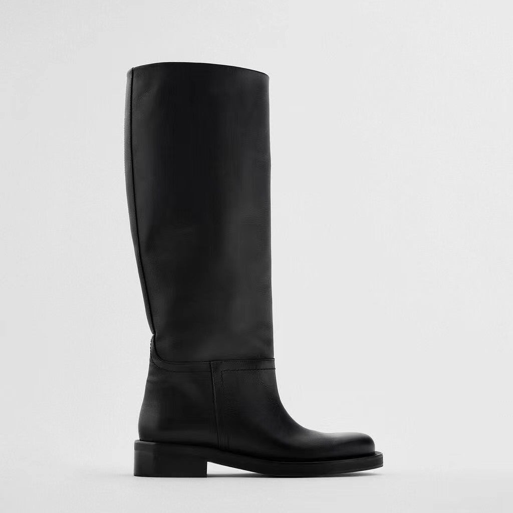 Autumn New Long Boots Brown Vintage Cow Leather Leather Boots round Toe Not over the Knee Boots Tall Knight Boots Women