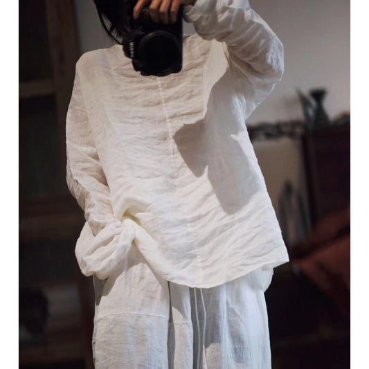 2025    22/12 Winter Solstice/Early Spring Simple Literary Thick Ramie Pullover Solid Color Shoulder Shirt