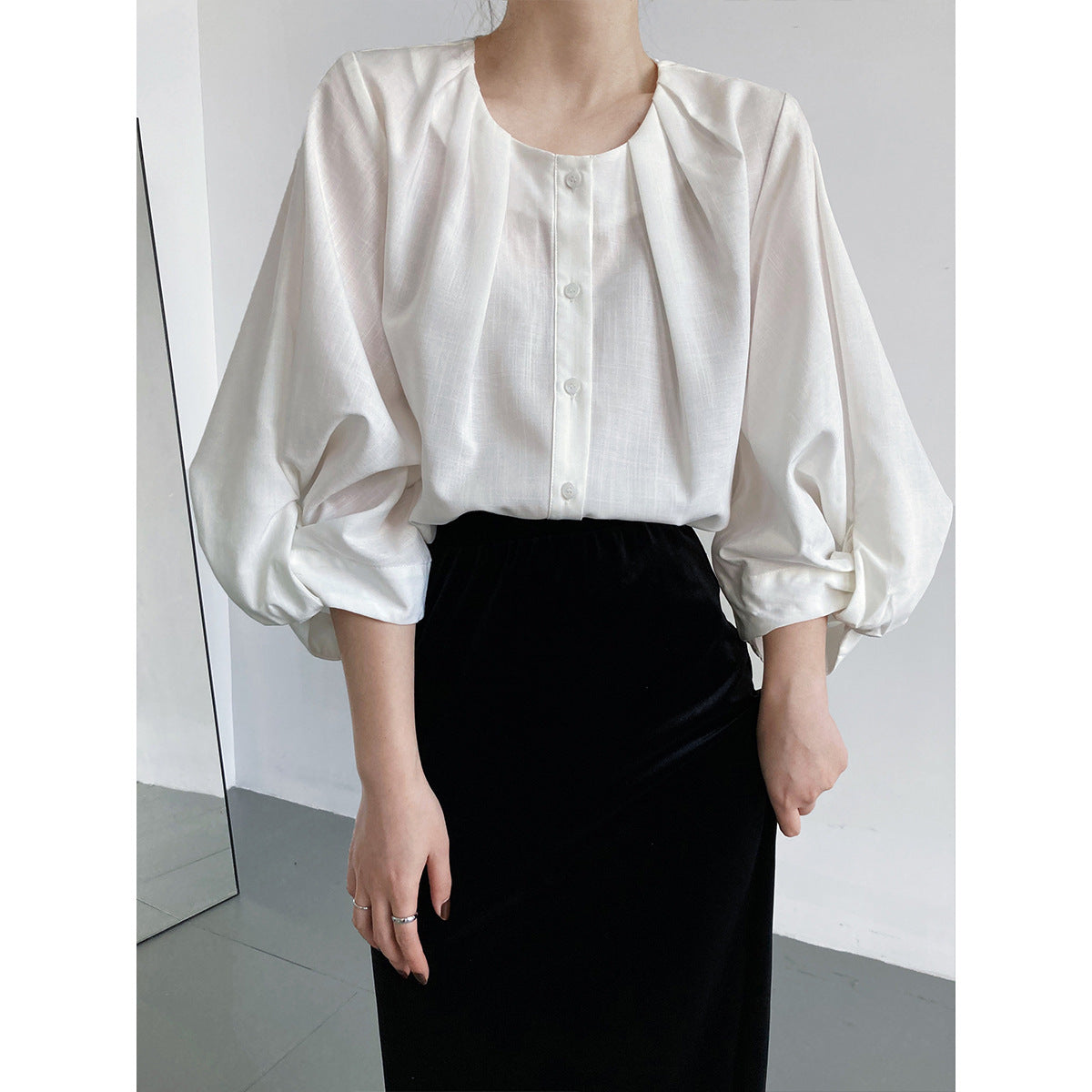 Luxi cotton and linen texture lantern sleeve shirt women's popular spring clothing new design sense seven-quarter sleeve chic top 3389