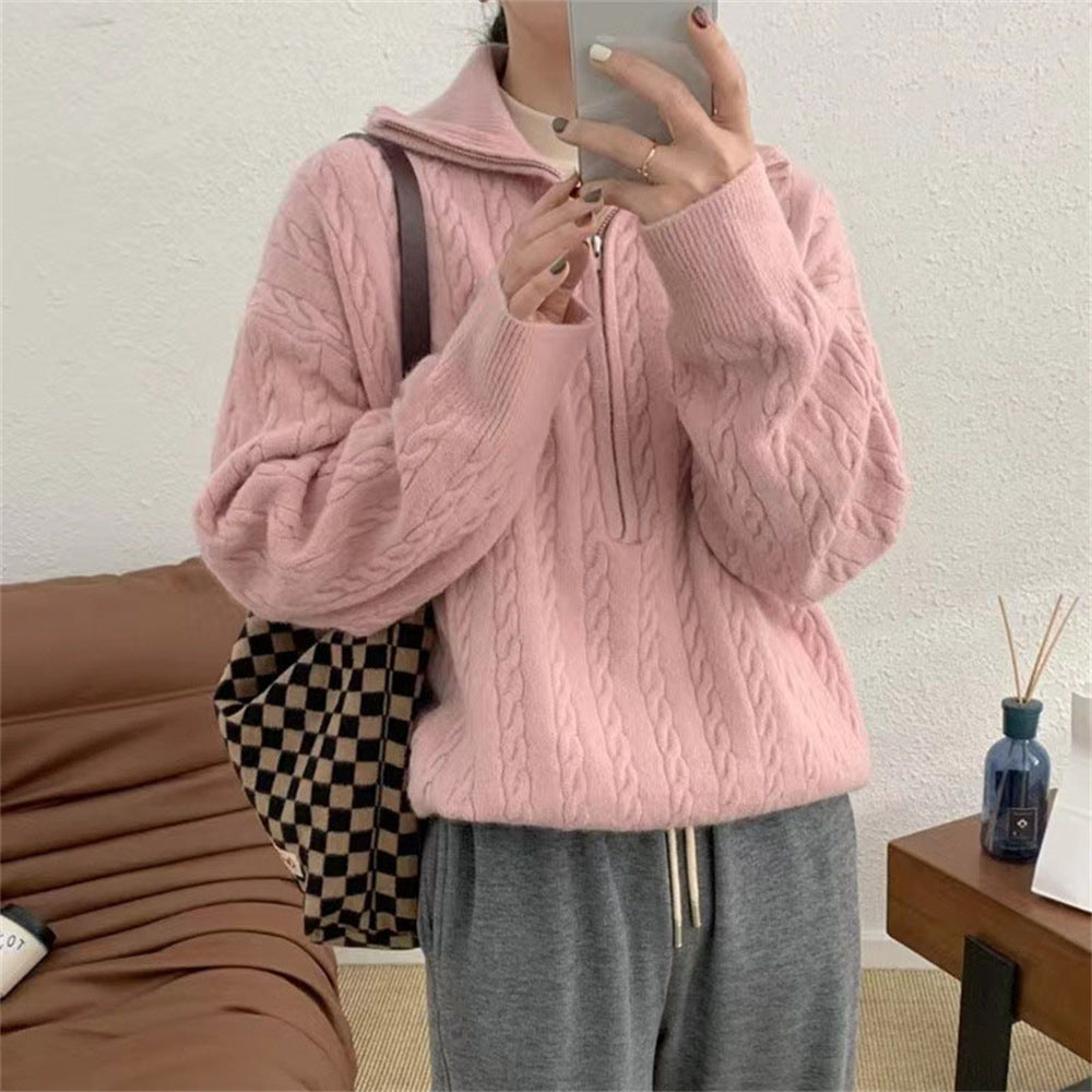 VLOVELAW Korean version New autumn and winter soft waxy knitted top women's retro twist half zipper lazy versatile short sweater jacket