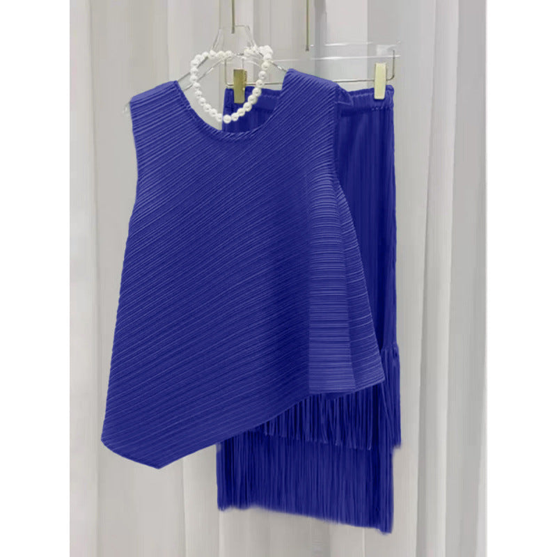 Miyake fashion pleated suit women's summer style Popular style sweet irregular vest top fringed skirt two-piece set