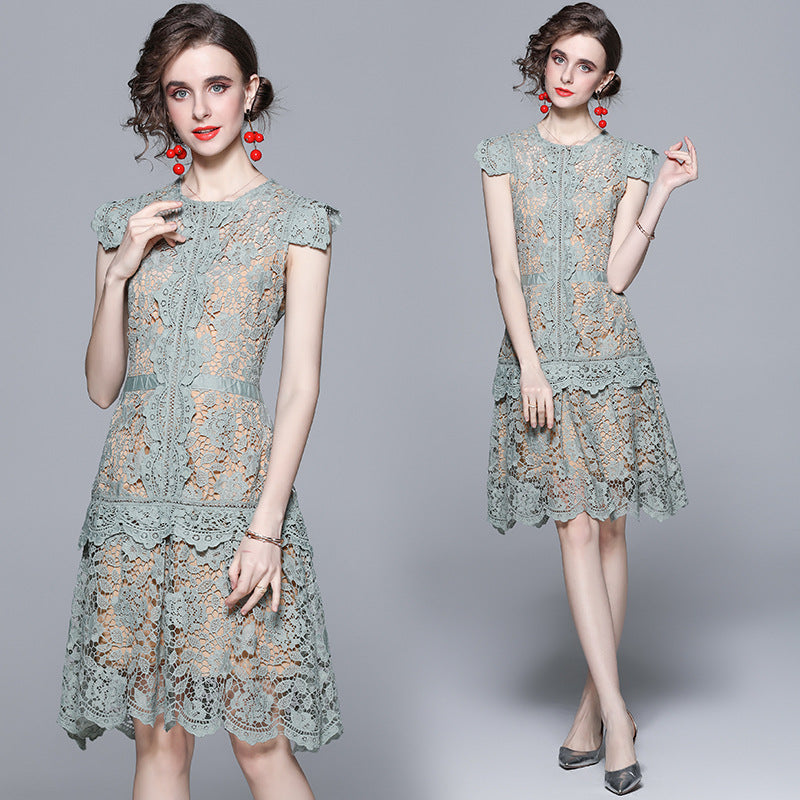 summer new women's clothing heavy industry lace irregular fan skirt flying sleeves heart machine slim dress