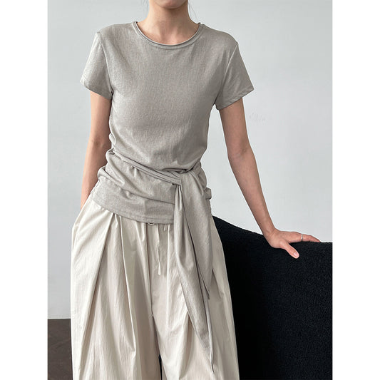 Luxi Korean version strap waist T-shirt women's summer new casual round neck versatile short-sleeved front shoulder top 2695