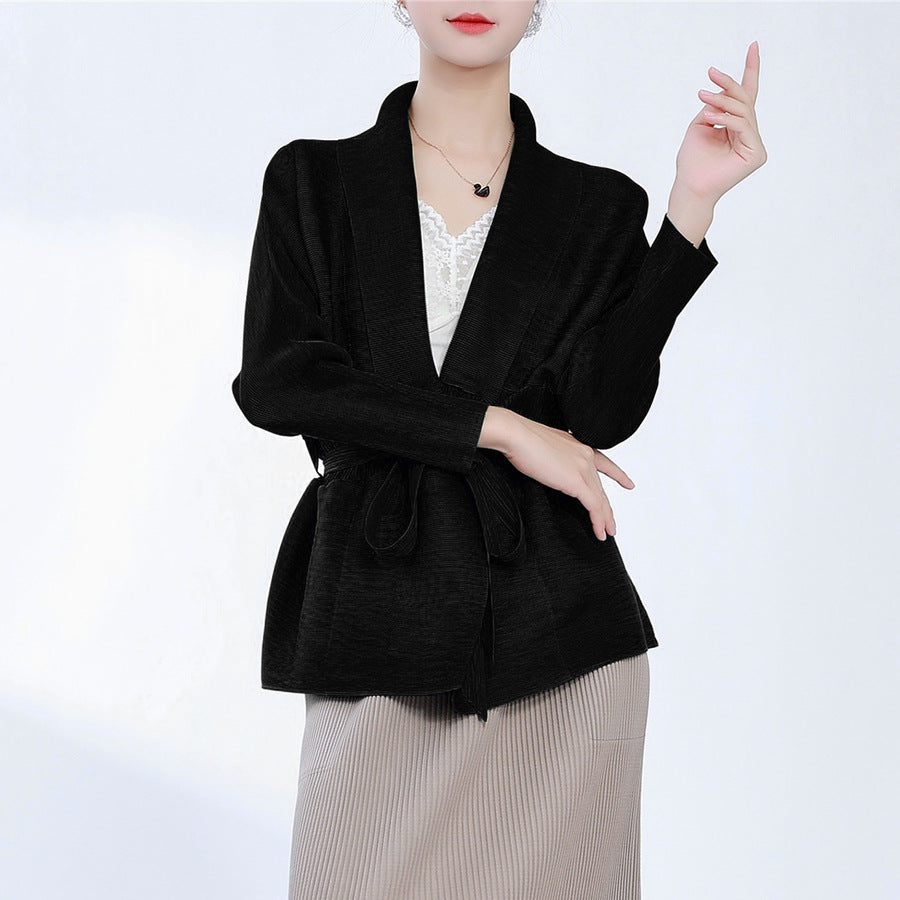 2025 Fashion versatile knitted sweater jacket women's cardigan design sense splicing pleated Korean wear early autumn top