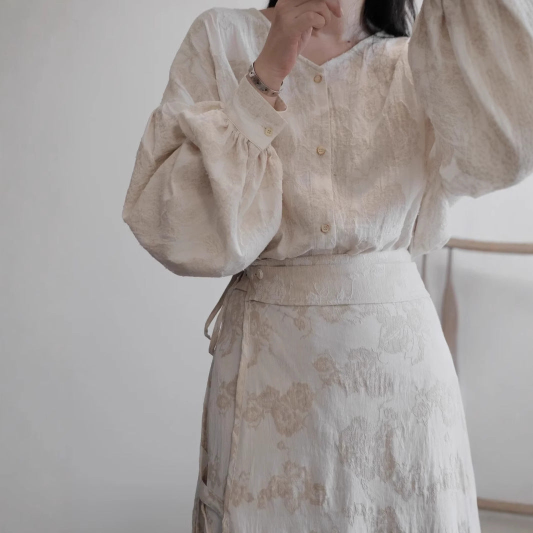 Set Spring cut lantern sleeve shirt B0217 two-piece set embroidered one-piece strap skirt B0218