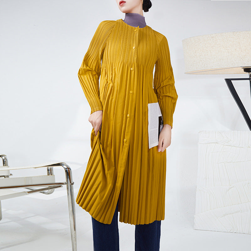 2025 black coat women's simple and versatile high-end pleated trench coat women's medium and long autumn new loose coat