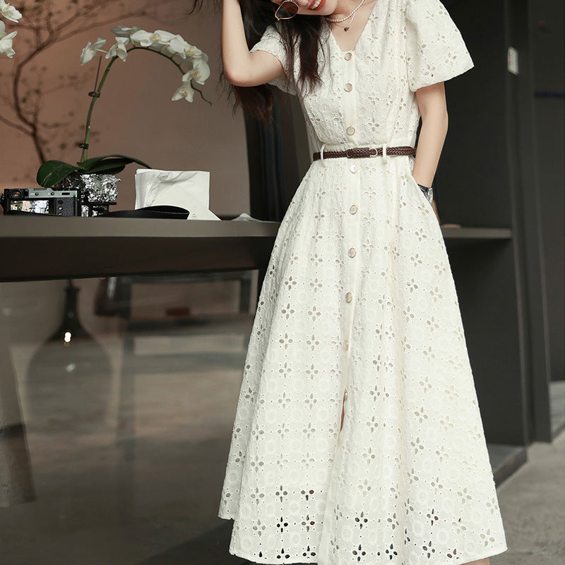 2025 Design Sense Heavy Industry Embroidery Dress White Hollow Embroidery Skirt Temperament Pure Cotton Long Dress Summer Women's Clothing