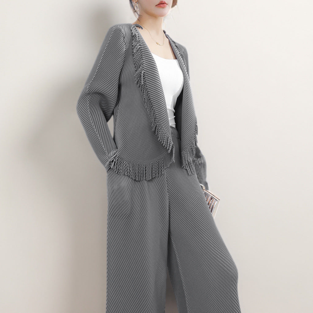 2025 Hot-selling women's clothing spring and summer wear a complete set of fringed cardigan drape straight pants temperament versatile two-piece trendy