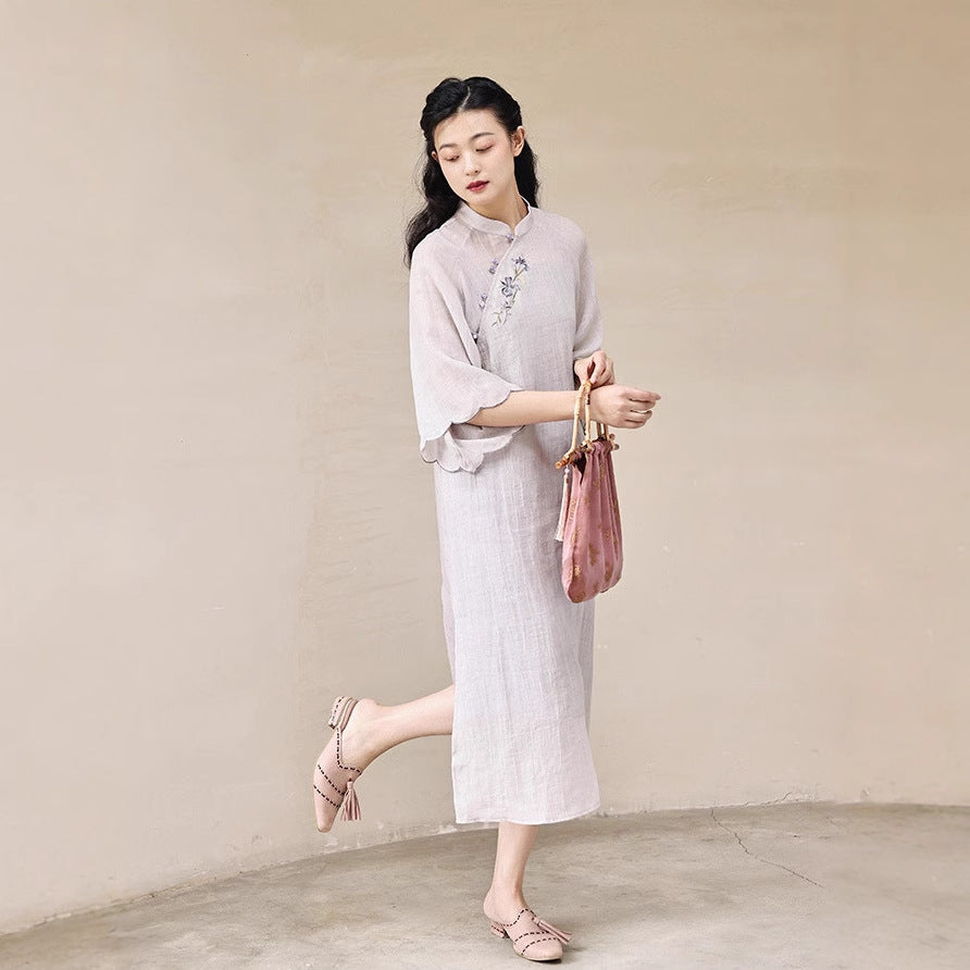 New Chinese dress women's cheongsam ramie Tencel embroidery improved cheongsam long skirt spring and summer women's long B0418