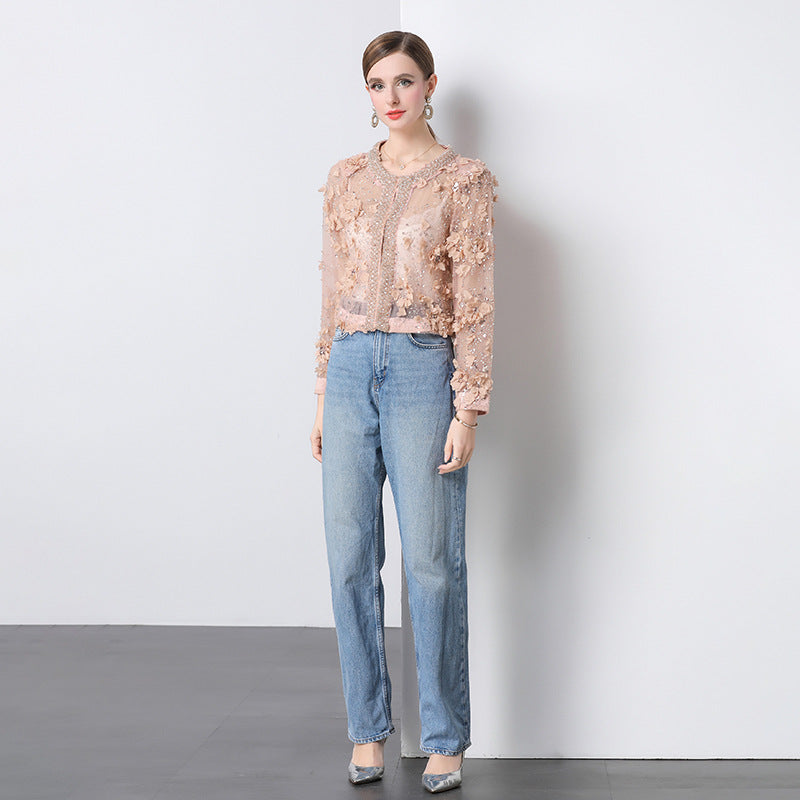 light luxury high-end heavy industry nail drill three-dimensional flower new Chinese Xiaoxiang short jacket sunscreen shirt top women