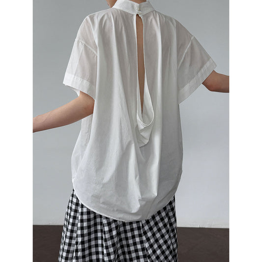 Luxi Korean design sense niche back hollow shirt women's summer new light and thin stand-up collar short-sleeved shirt 3606