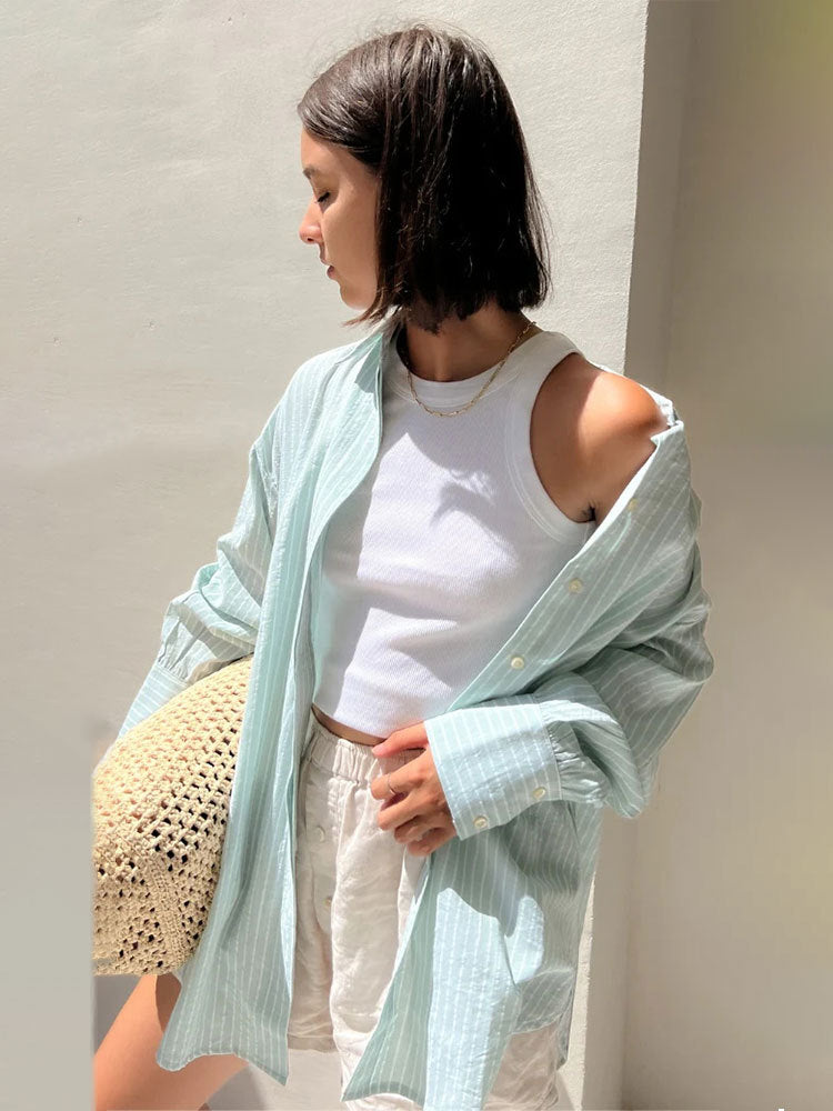 VLOVELAW striped shirt 2025 popular autumn and winter new casual loose sugar macaron medium and long striped shirt