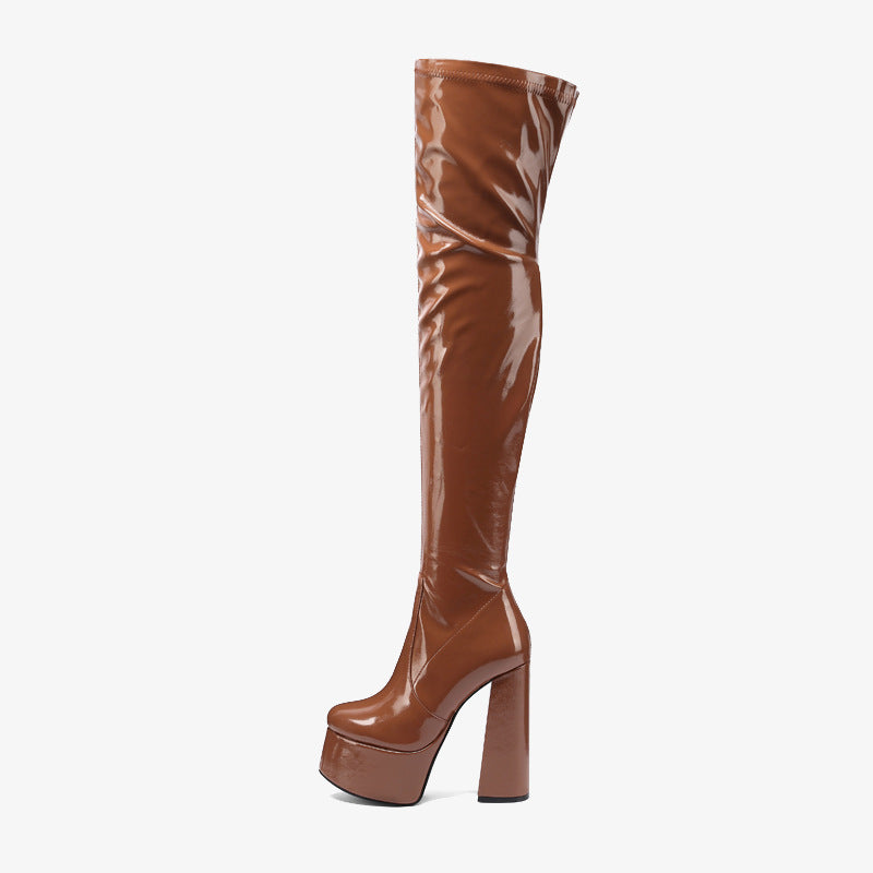 Cross-Border Foreign Trade Fashion New Chunky Heel Waterproof Platform Patent Leather round Toe High Heel White over-the-Knee Boots plus Size Women's Boots 45