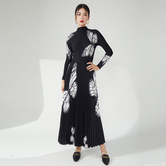 2025 Nanyou high-end women's clothing pleated printing pleated skirt two-piece women's clothing black slim butterfly temperament suit