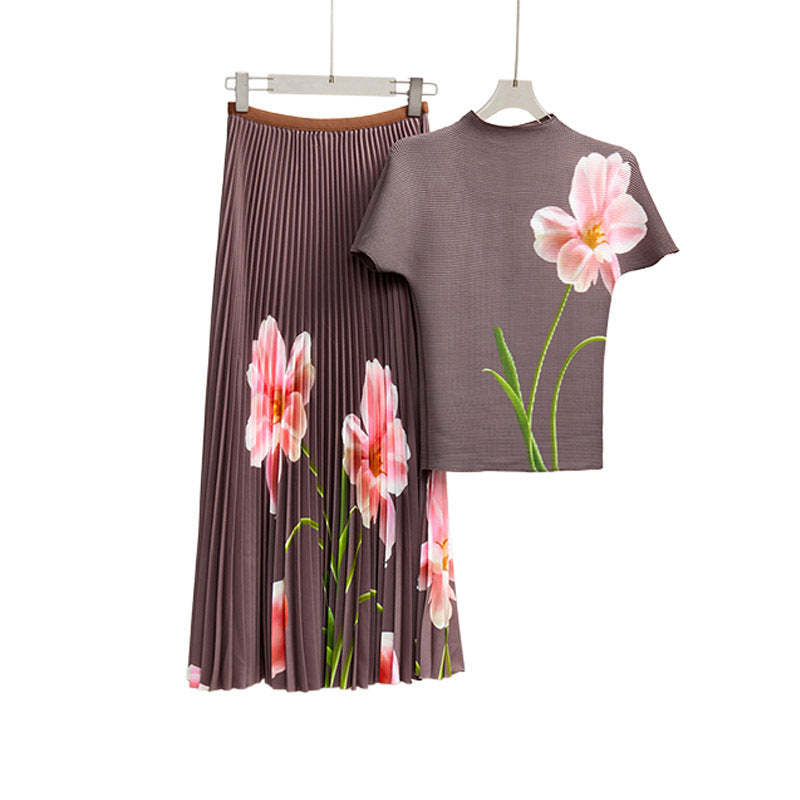 2025 Popular trade explosive suit women's clothing summer new printed T-shirt top short-sleeved long skirt two-piece set