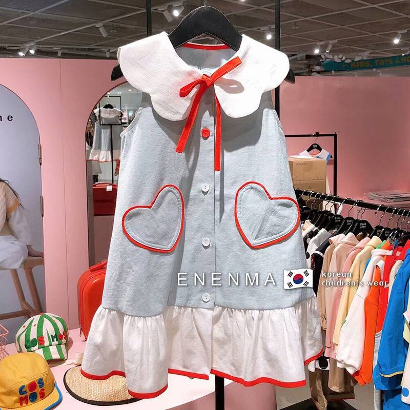 VLOVELAW South Korea Children's Clothing Summer New Girls' Large Lapel Striped Dress Children's Little Girl Sleeveless Princess Dress