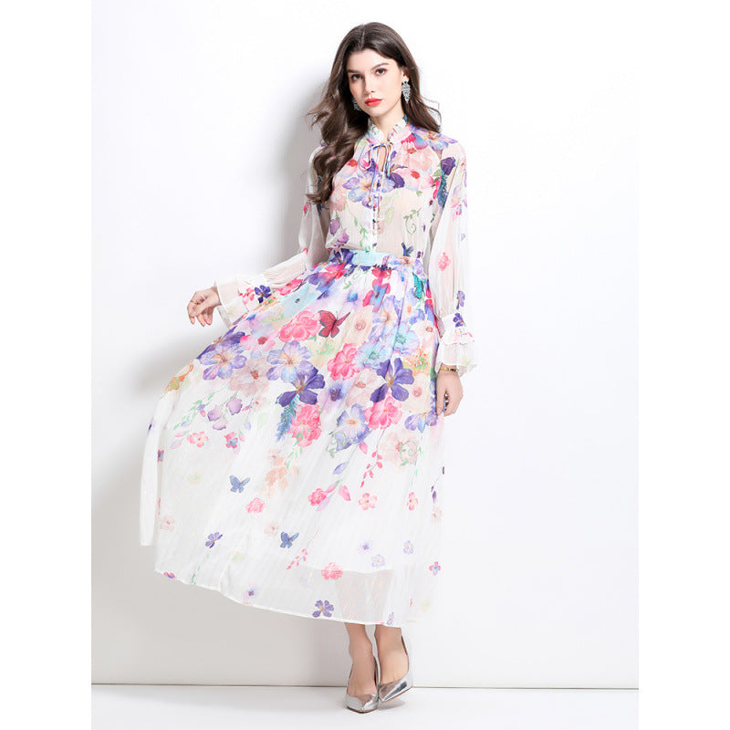 celebrities high-end lace-up flared sleeves printed chiffon top women's high waist hanging big swing skirt set