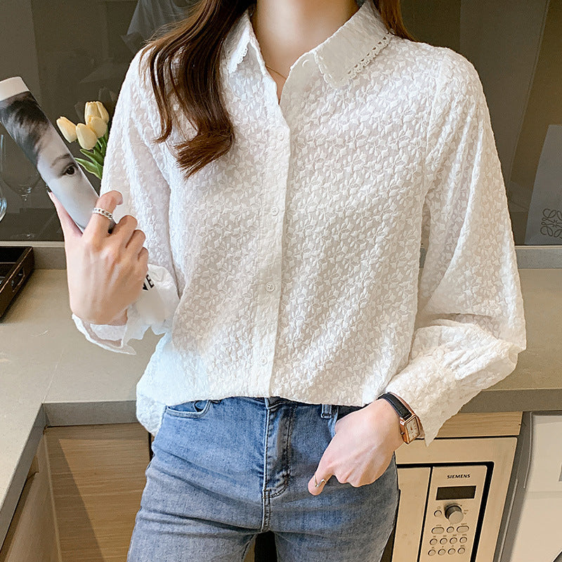 Lace lace lapel white shirt women's long sleeves popular autumn new cotton embroidered top temperament lady shirt