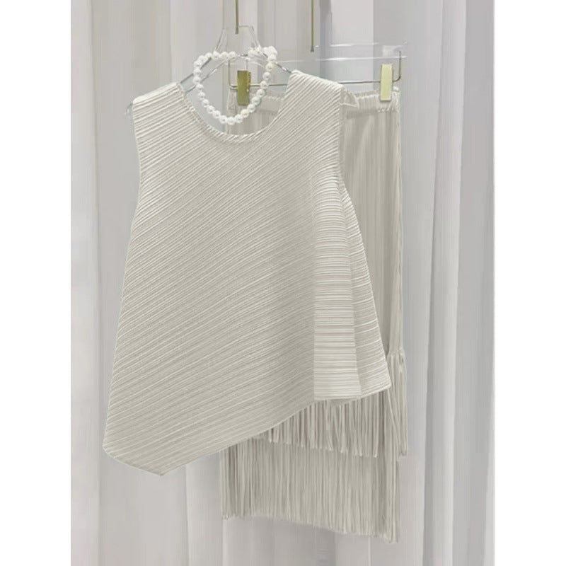 Miyake fashion pleated suit women's summer style Popular style sweet irregular vest top fringed skirt two-piece set