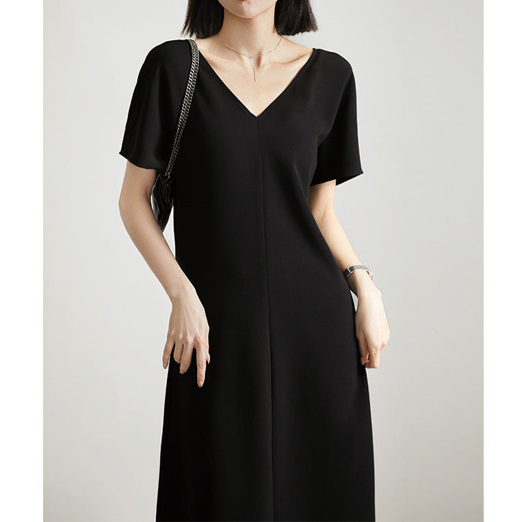 2025 Haute couture imported triacetic acid elegant high-end dress women's new long skirt summer small black dress