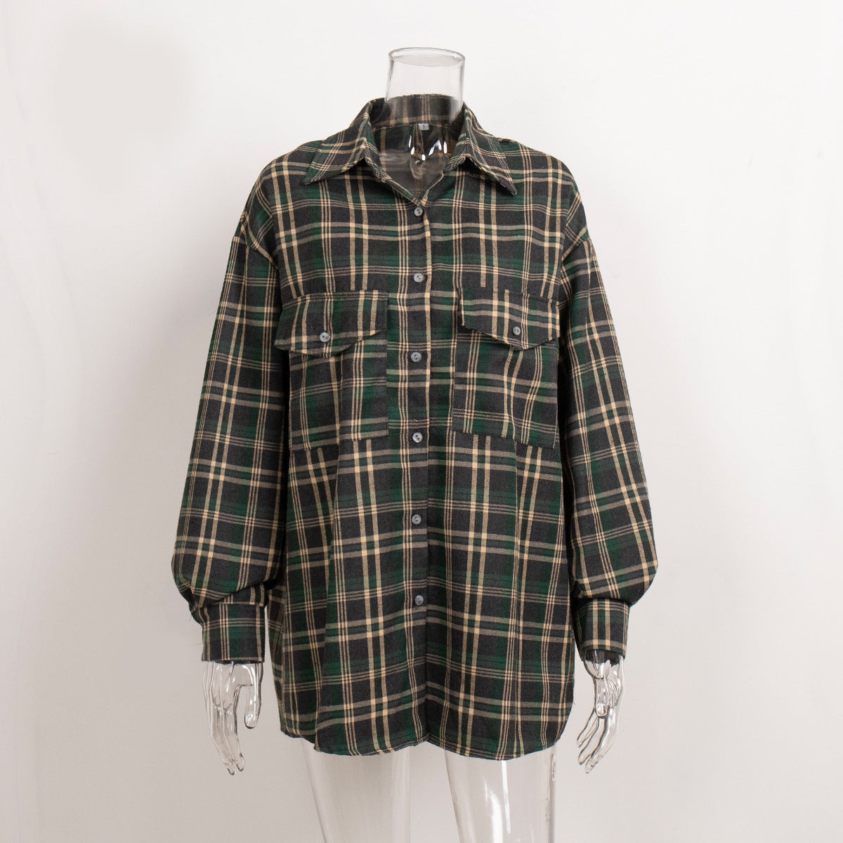 KKBOXLY Plaid shirt women's 2025 cross-border New autumn new American retro double pocket plaid striped medium and long shirt