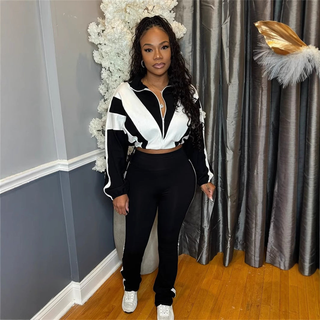New explosion, Popular trade loose leisure street trend contrasting color zipper jacket trousers sports style suit women