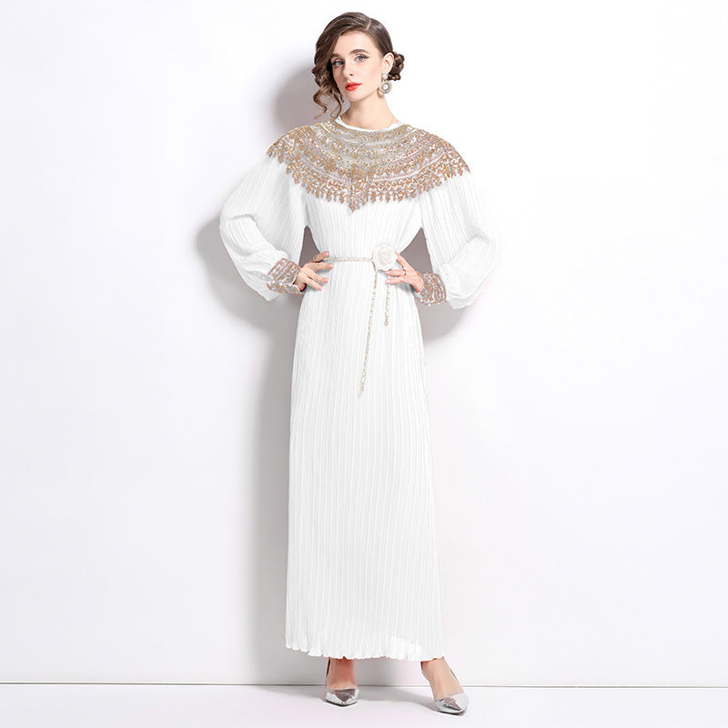 senior celebrity Fan Heavy Industry bead dress skirt temperament imperial sister Fan lantern sleeve pleated loose long dress