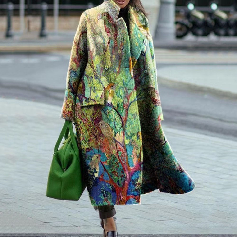 In stock! New autumn and winter new women's clothing loose large size printed trench coat lapel coat coat women