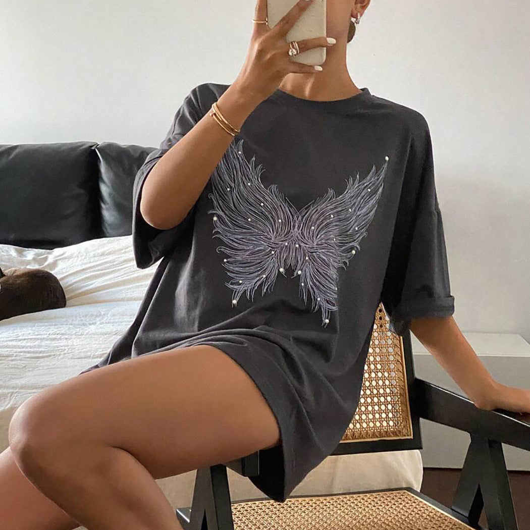 Popular, new temperament butterfly flash diamond gray T-shirt women's round neck loose spice girl trend top printing New