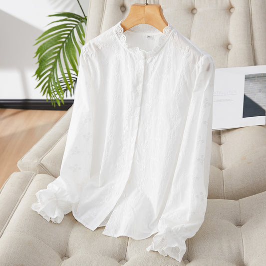 direct sales apricot embroidered shirt women's long sleeves  spring new lace top pure cotton embroidered white shirt