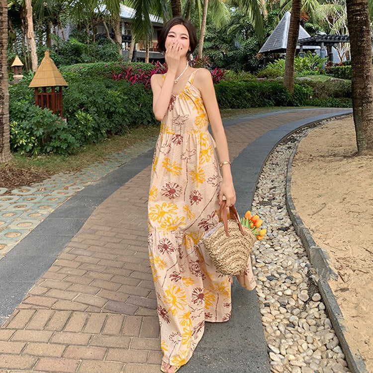 2025 Printed suspender halter bow Japanese vacation seaside dress atmosphere loose big skirt beach skirt summer