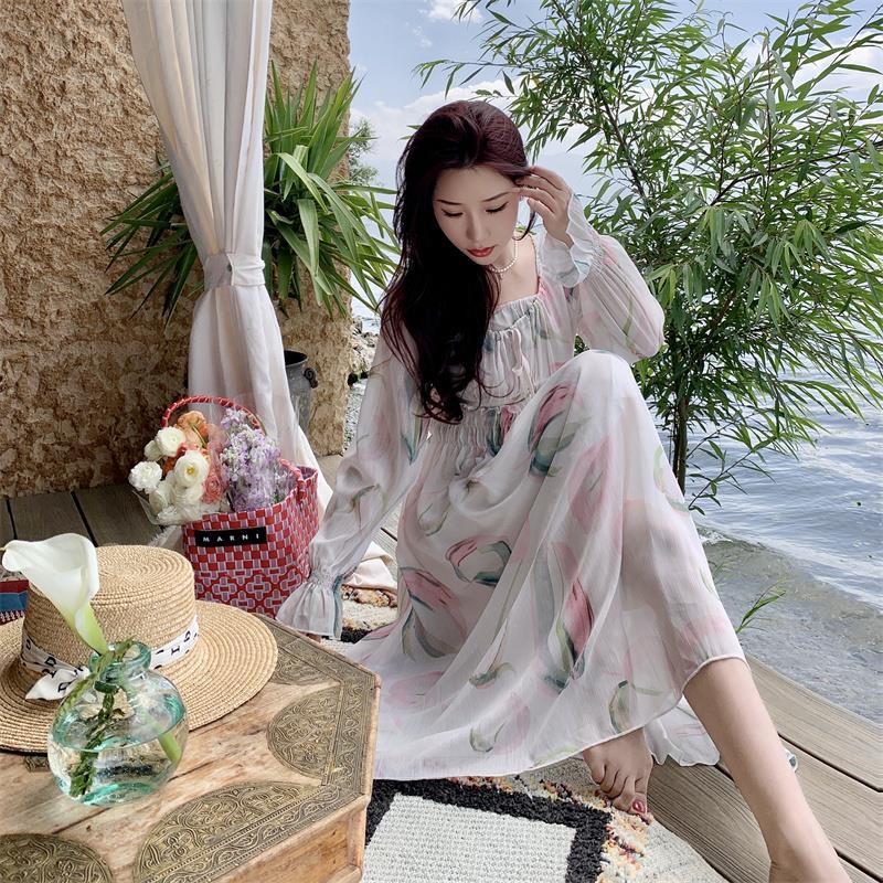 2025 retro high-end skirt spring and autumn new breathable and cool waist lace-up printed long-sleeved dress women