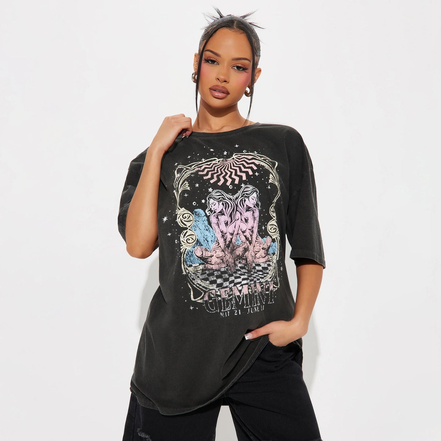 high street personalized wind wash old Gemini printing loose T-shirt versatile trendy brand round neck five-quarter sleeve top