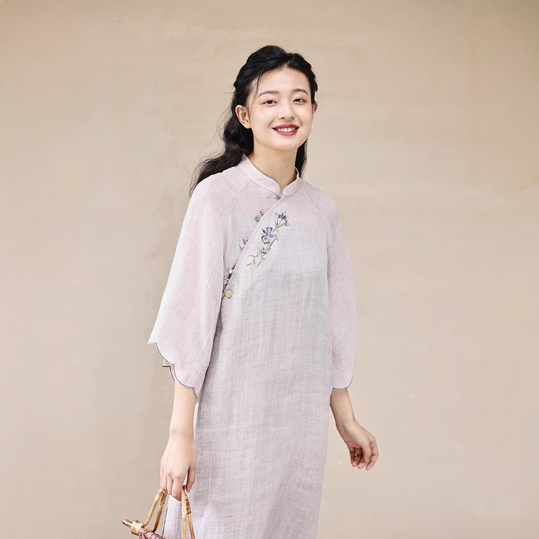 New Chinese dress women's cheongsam ramie Tencel embroidery improved cheongsam long skirt spring and summer women's long B0418